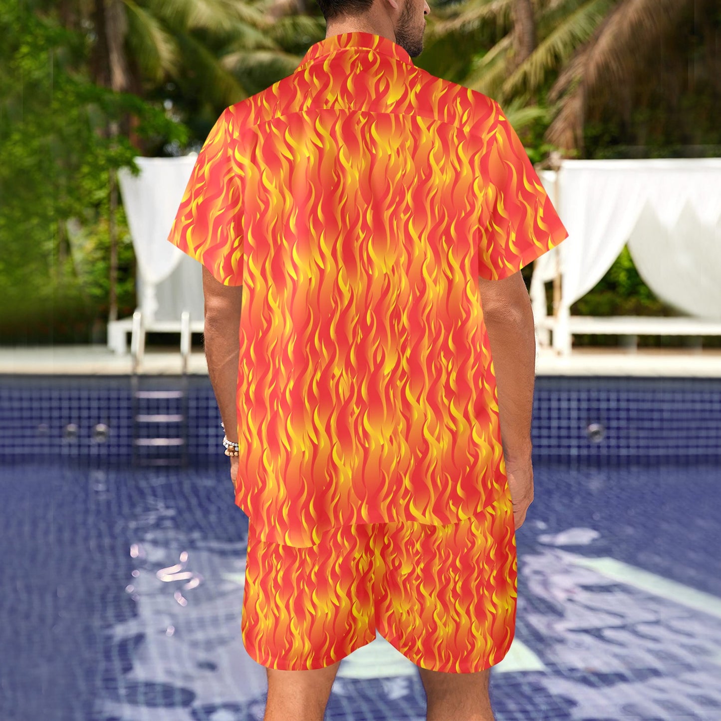 flaming skulls Design Print Pattern JJ0178 Men's Beach Shirt and Shorts Set