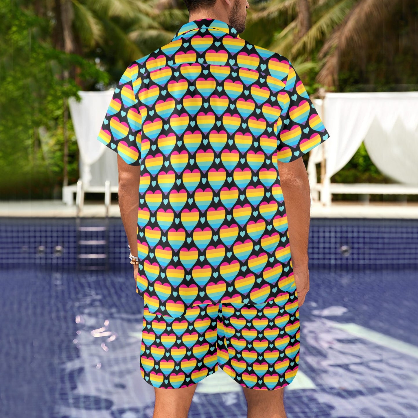 Rainbow Heart Print Pattern Men's Beach Shirt and Shorts Set