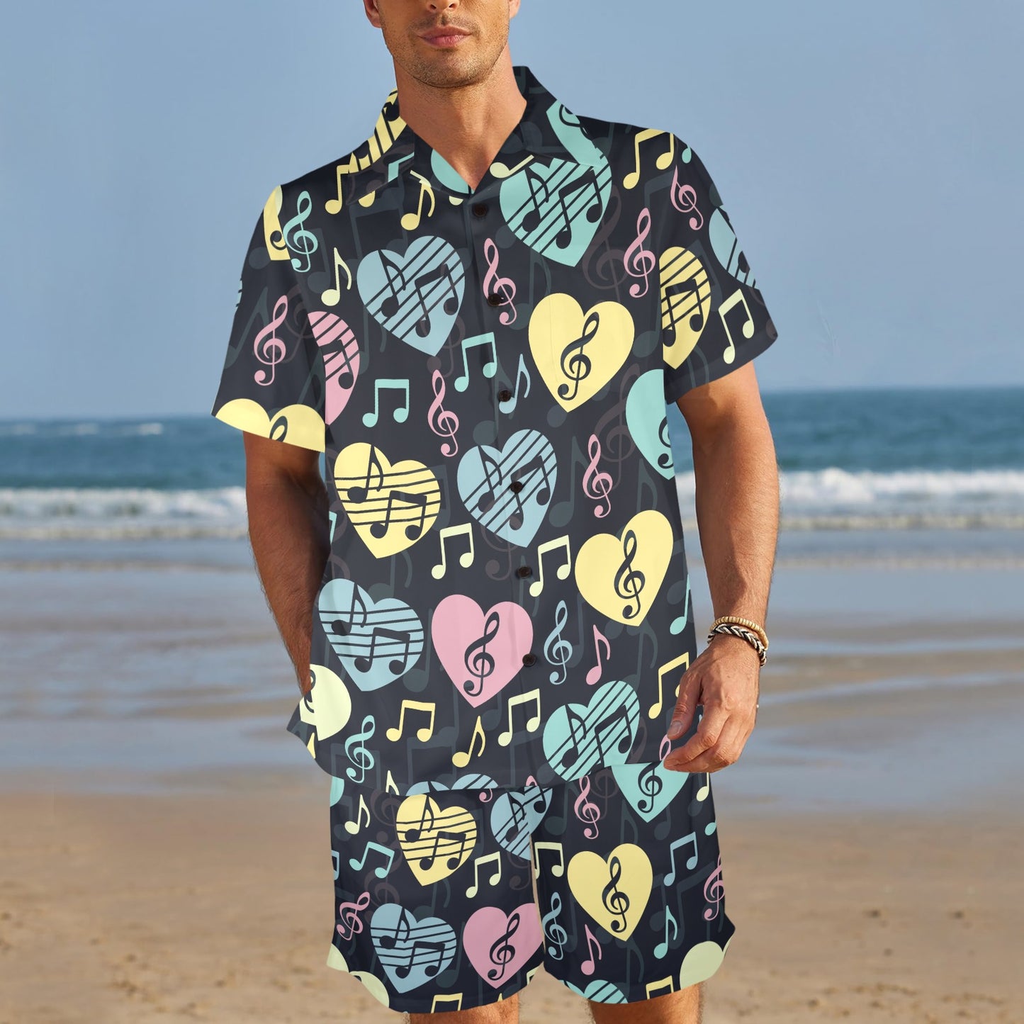 Music note Pattern Print Design A03 Men's Beach Shirt and Shorts Set