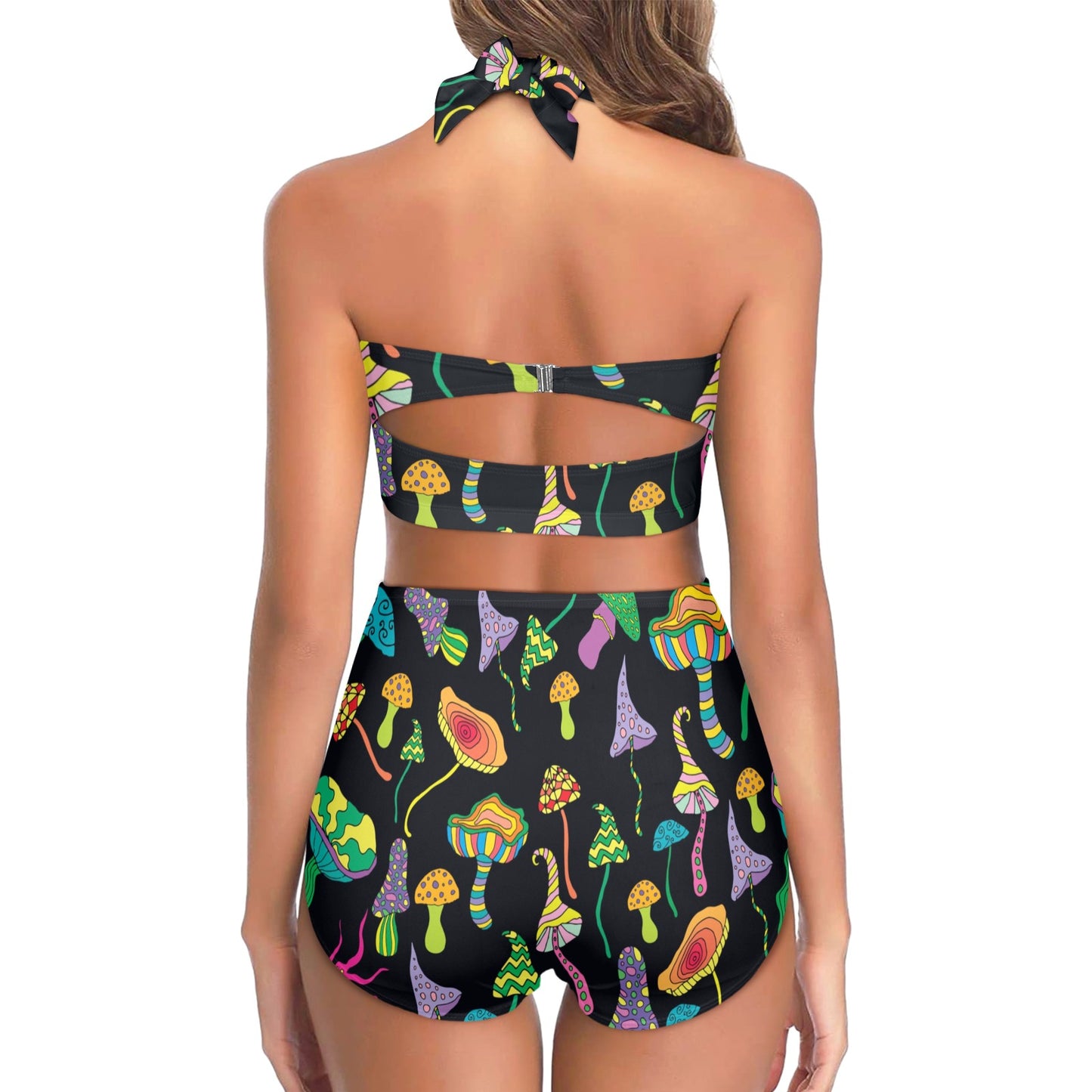 Psychedelic Mushroom Pattern Print Design A02 Halter Neck Bikini Swimsuit