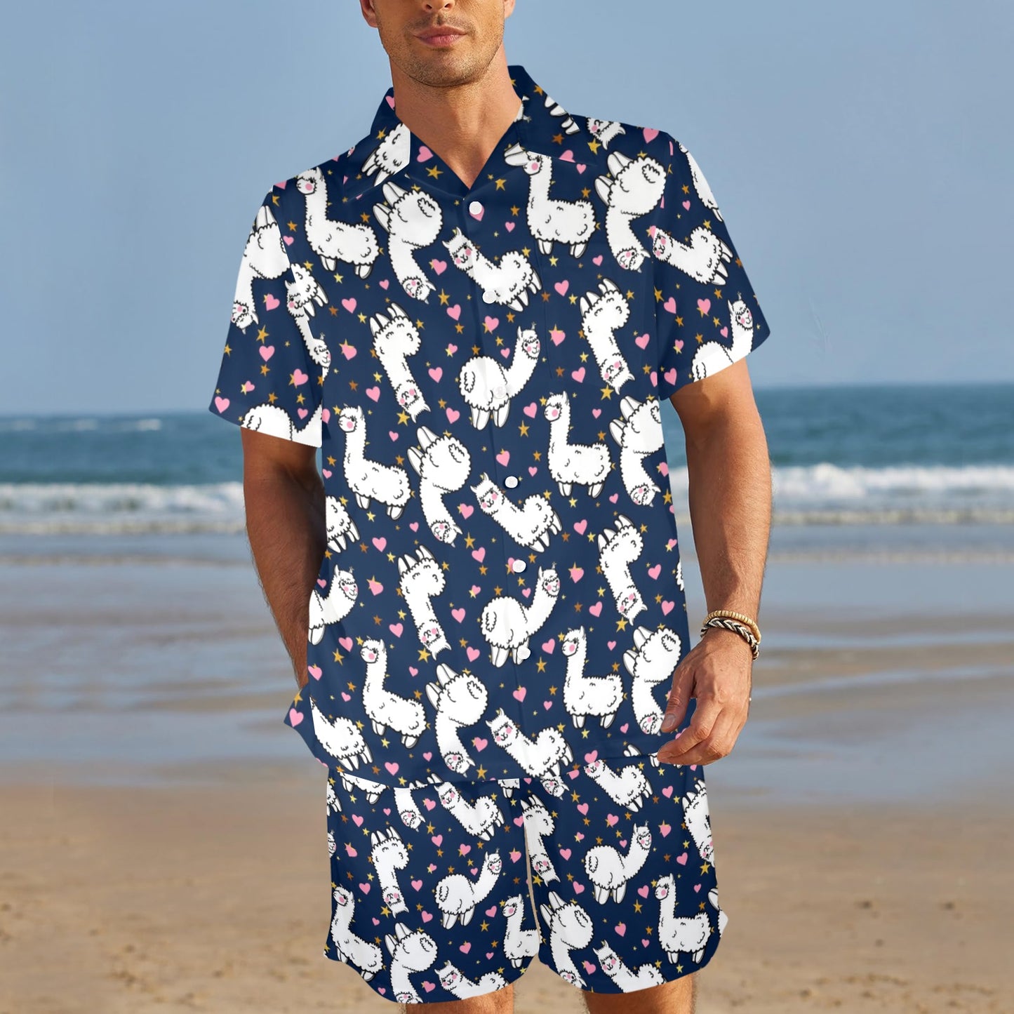 Alpaca Heart Star Design Themed Print Men's Beach Shirt and Shorts Set