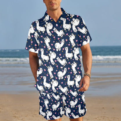 Alpaca Heart Star Design Themed Print Men's Beach Shirt and Shorts Set