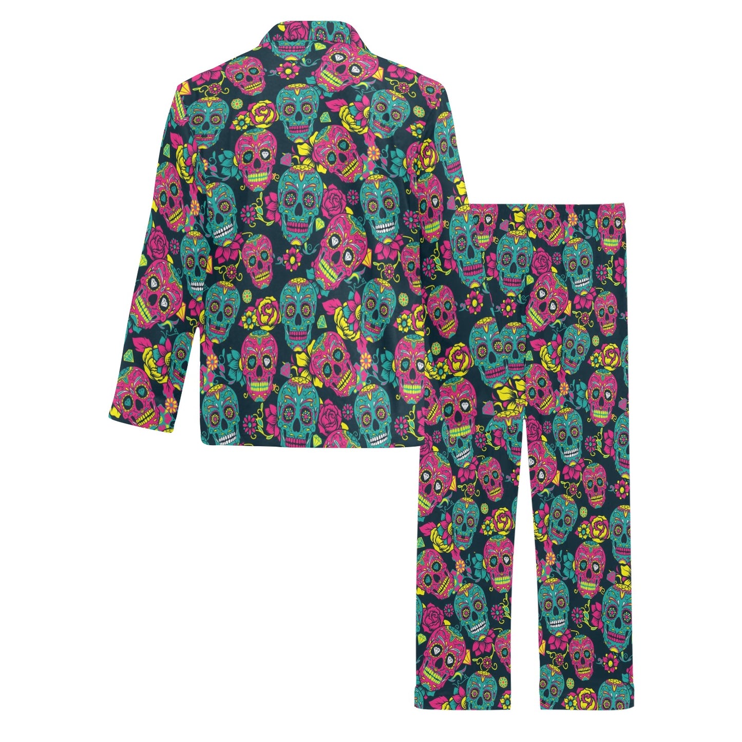 Sugar Skull Floral Design Themed Print Men's Long Pajama Set
