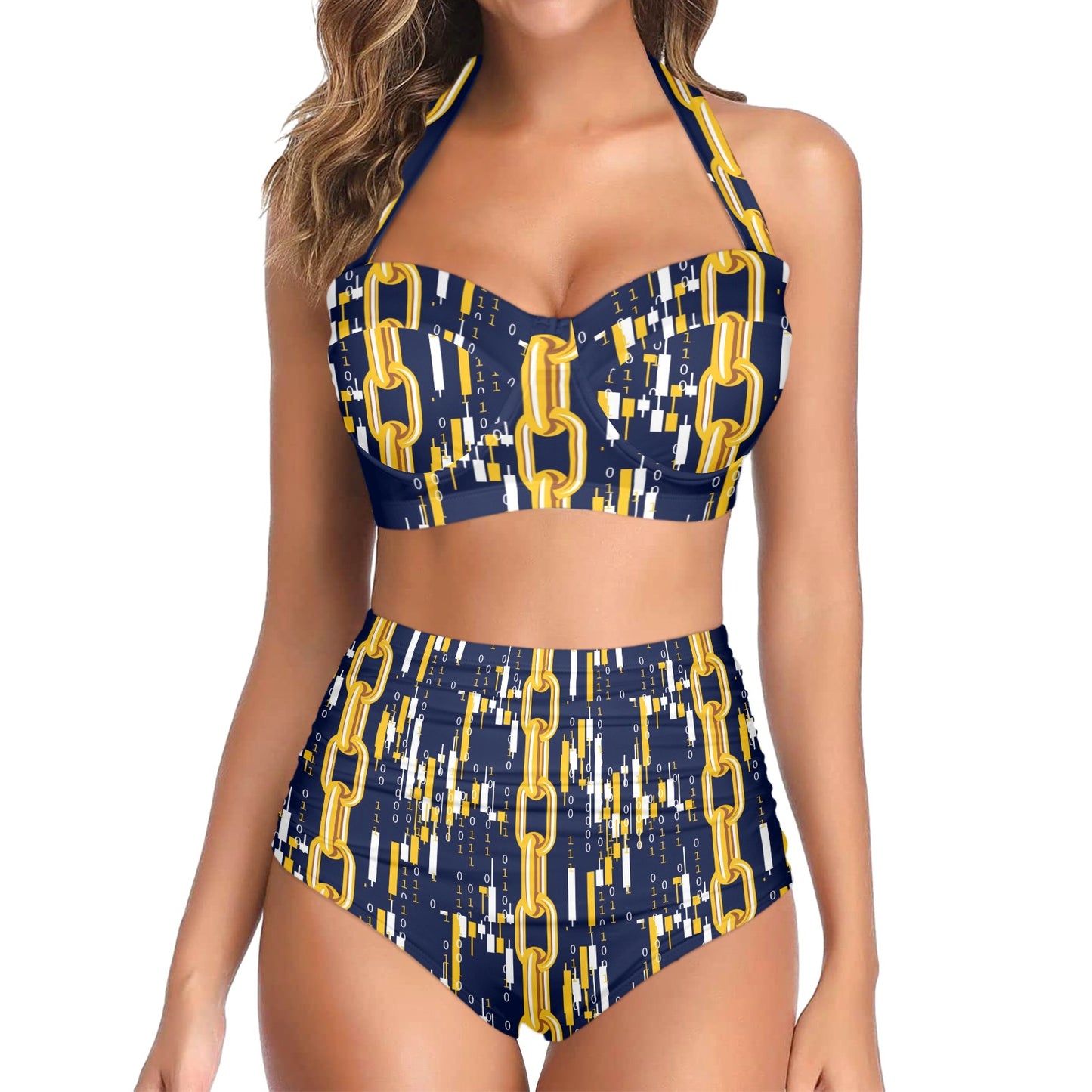 Cryptocurrency Chain Pattern Print Design 03 Halter Neck Bikini Swimsuit