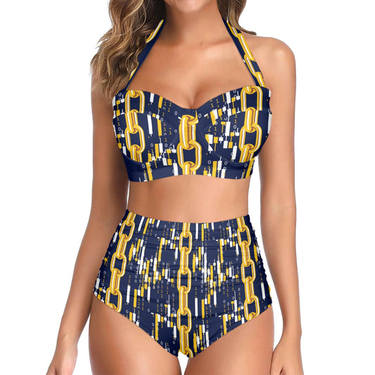 Cryptocurrency Chain Pattern Print Design 03 Halter Neck Bikini Swimsuit