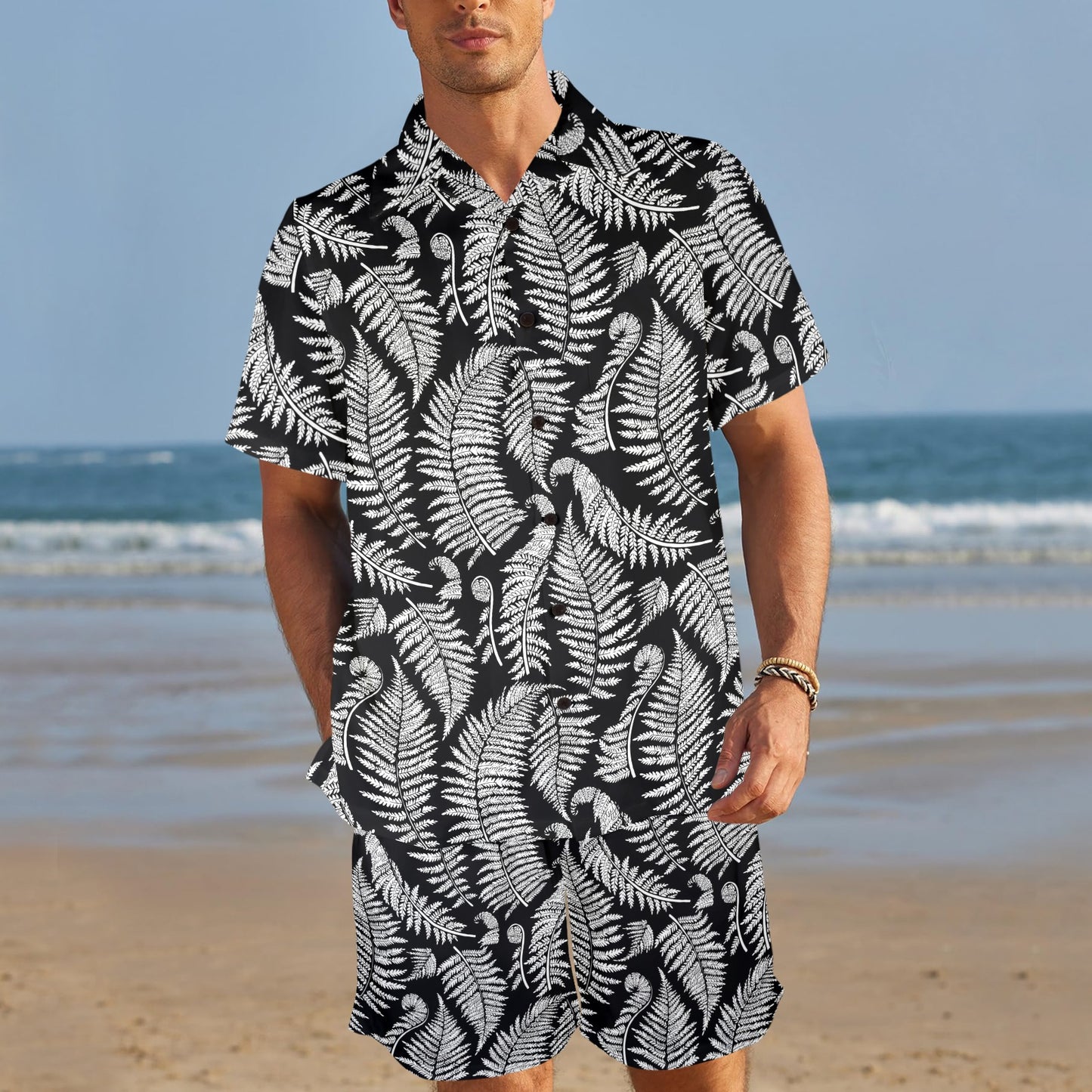 Fern Leave Black White Print Pattern Men's Beach Shirt and Shorts Set