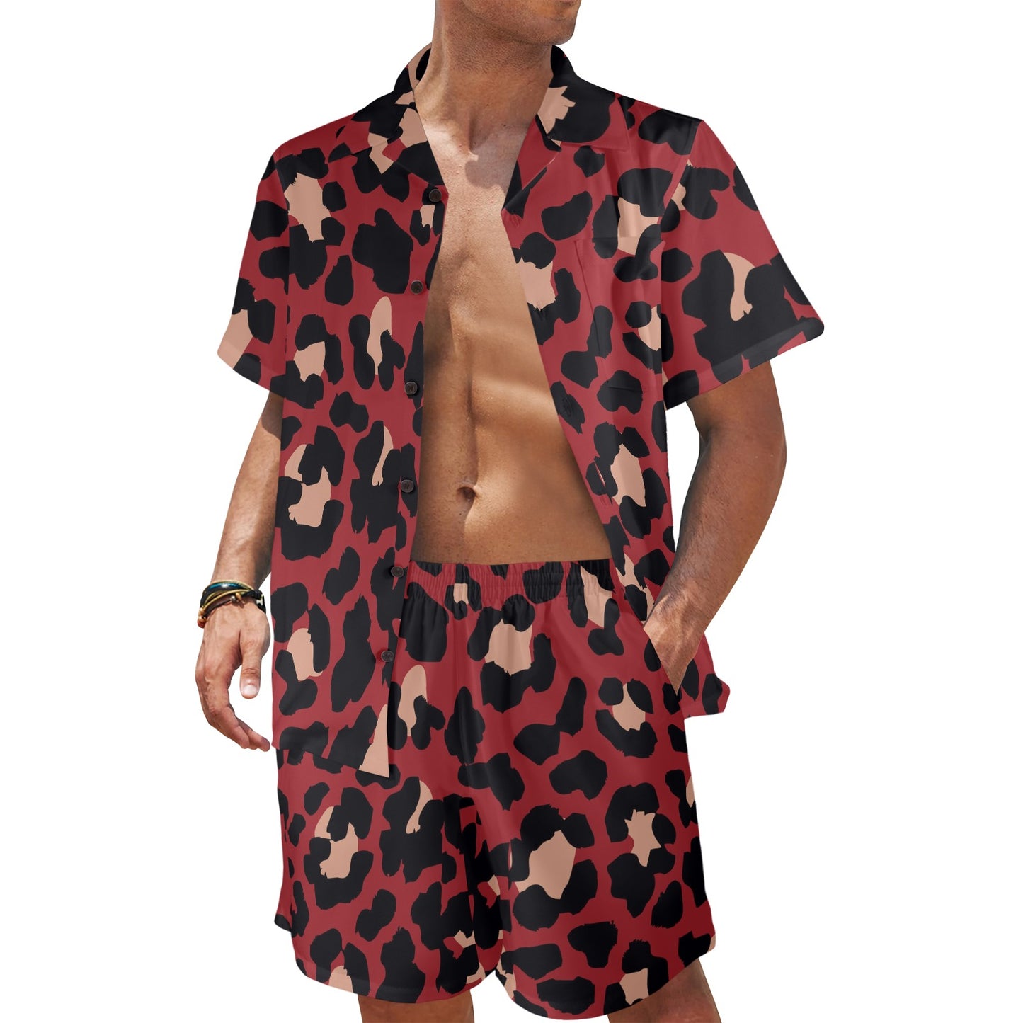 Cheetah Red Print Pattern Men's Beach Shirt and Shorts Set