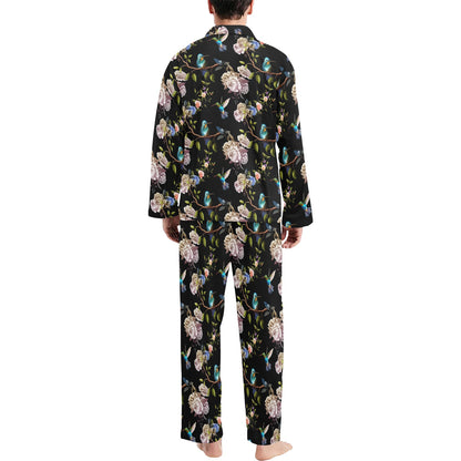 Hummingbird Flower Themed Print Men's Long Pajama Set