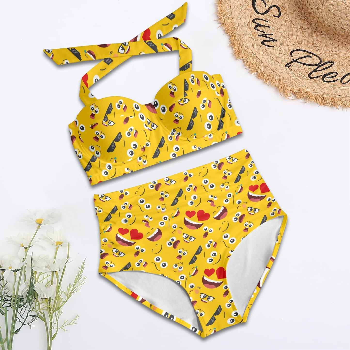 Emoji Face Print Pattern Halter Neck Bikini Swimsuit