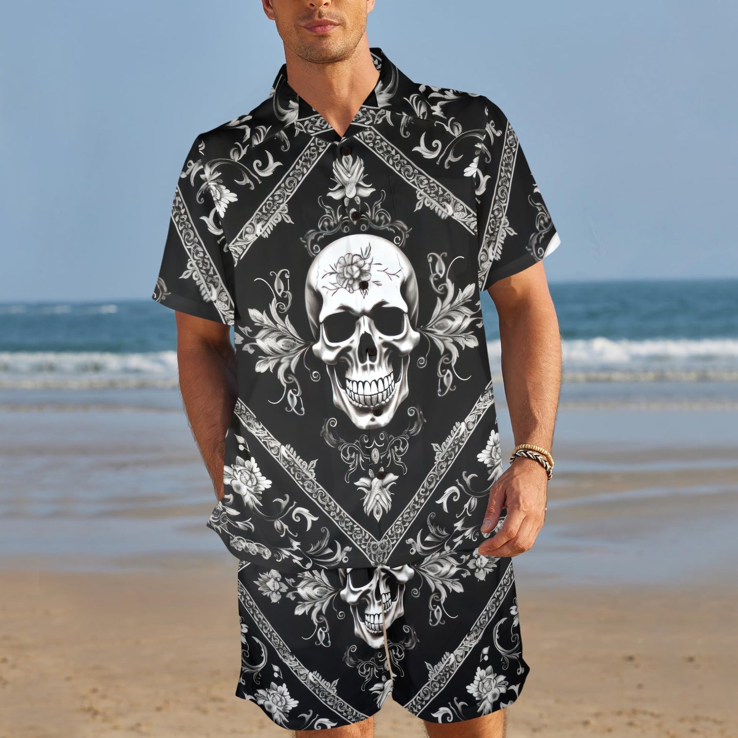 Bandana Black Style with Skull Men's Beach Shirt and Shorts Set