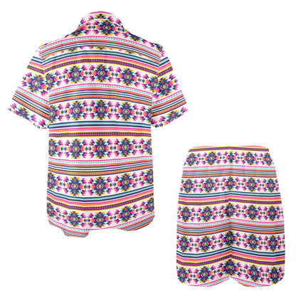 Indian Navajo Neon Themed Design Print Men's Beach Shirt and Shorts Set