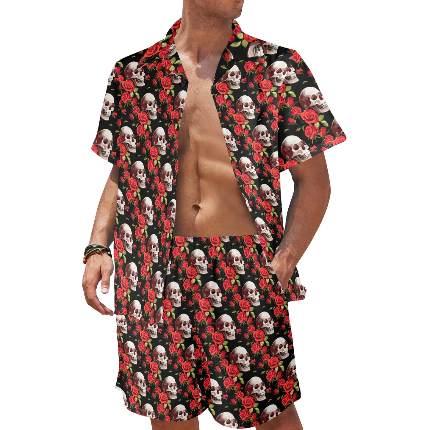 Red Rose Skull Design Print Men's Beach Shirt and Shorts Set