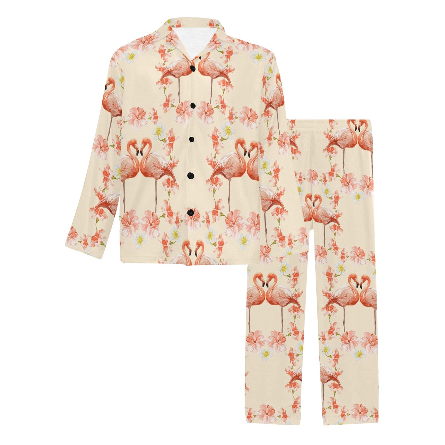 Flamingo Hibiscus Print Pattern Men's Long Pajama Set