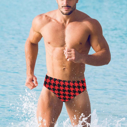 Houndstooth Red Pattern Print Design 03 Men's Swimming Briefs