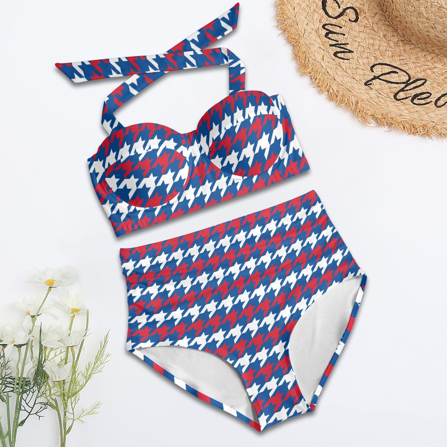 Patriotic Houndstooth Pattern Print Design A02 Halter Neck Bikini Swimsuit