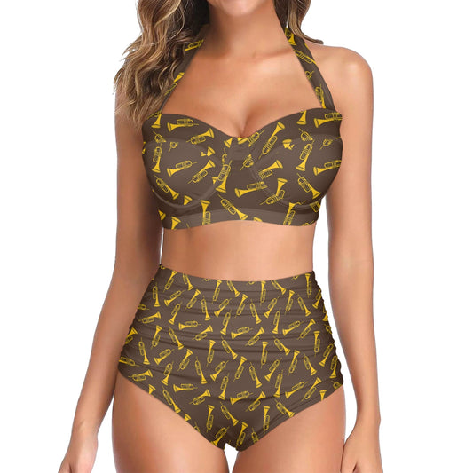 Trumpet Pattern Design Print Halter Neck Bikini Swimsuit