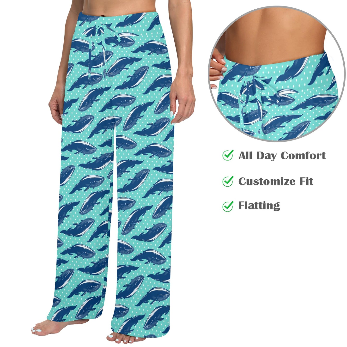 Whale Polka Dot Design Themed Print Women's Wide Leg Lounge Pants