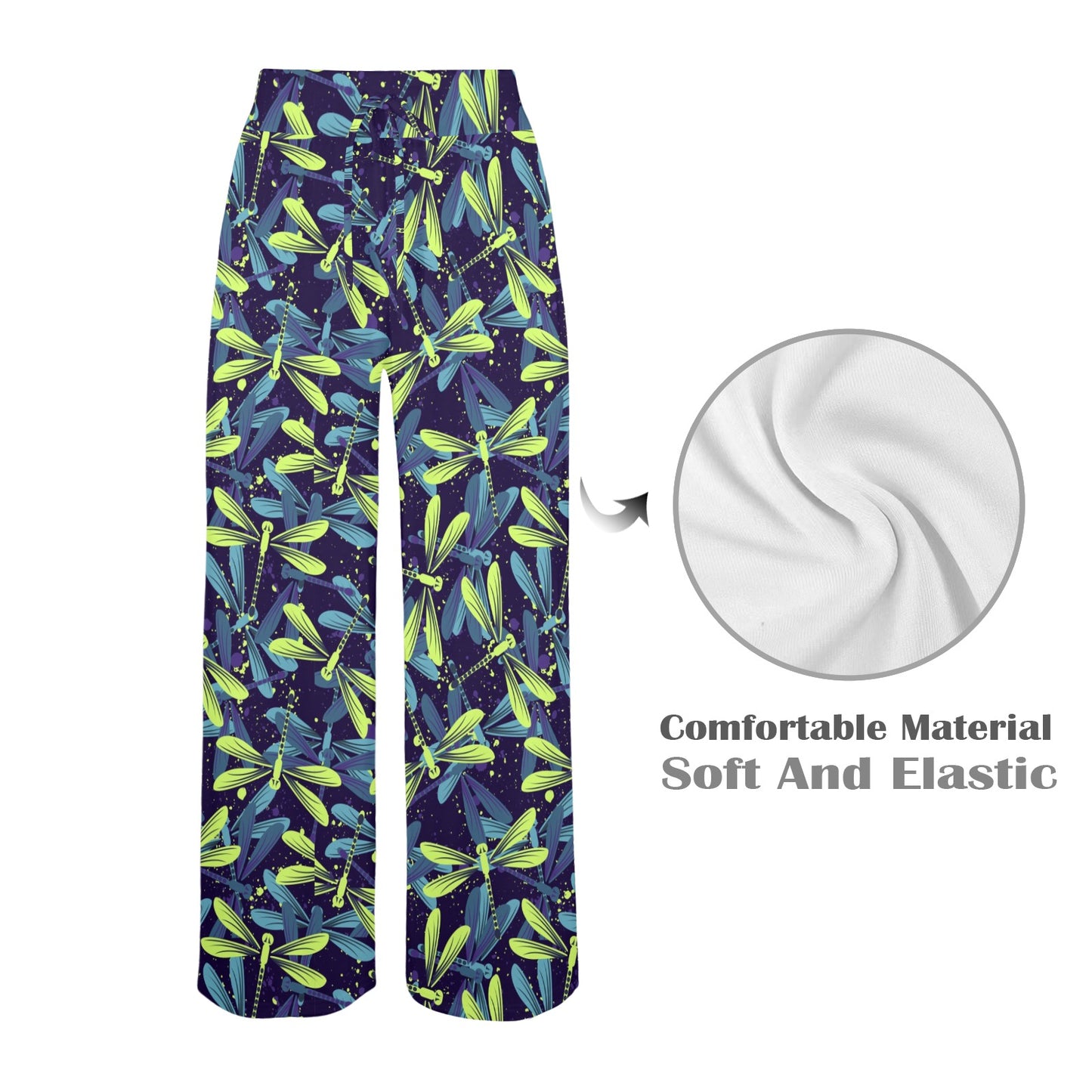 Dragonfly Lime Blue Print Pattern Women's Wide Leg Lounge Pants