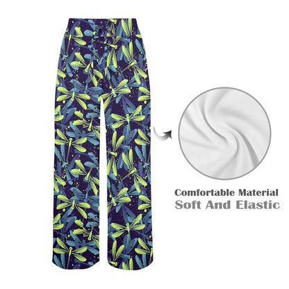 Dragonfly Lime Blue Print Pattern Women's Wide Leg Lounge Pants