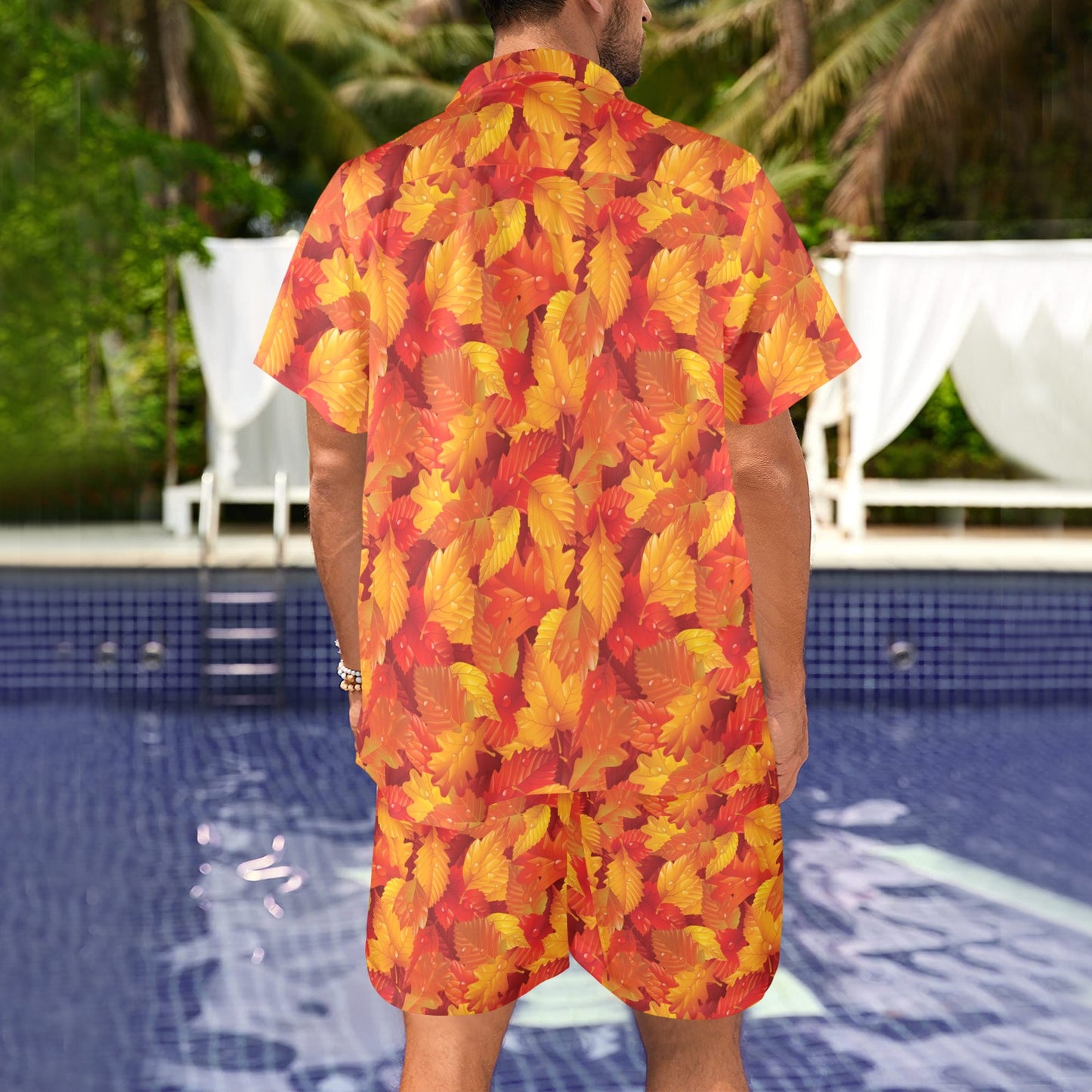Elm Leave Autum Print Pattern Men's Beach Shirt and Shorts Set