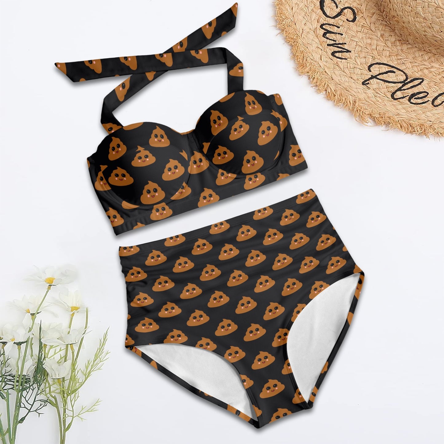 Poop Emoji Pattern Print Design A01 Halter Neck Bikini Swimsuit