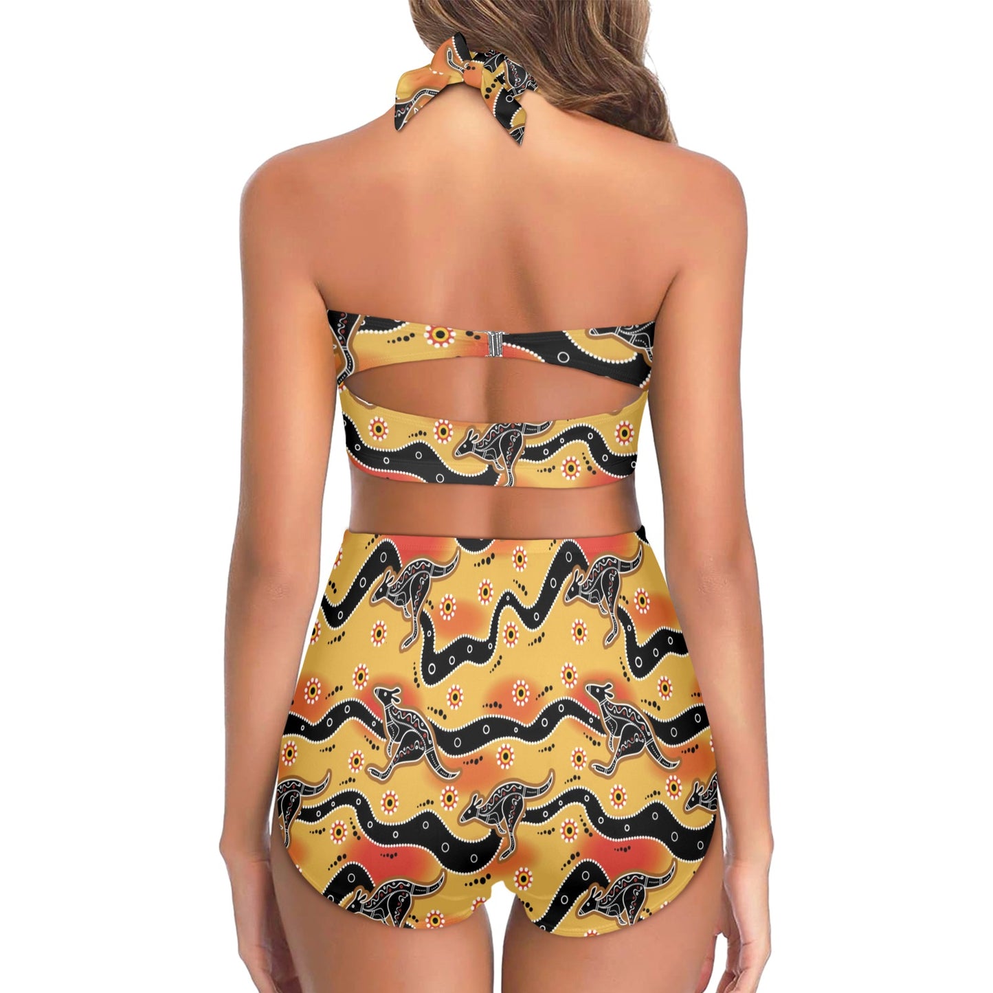 Kangaroos Aboriginal Pattern Print Design 06 Halter Neck Bikini Swimsuit