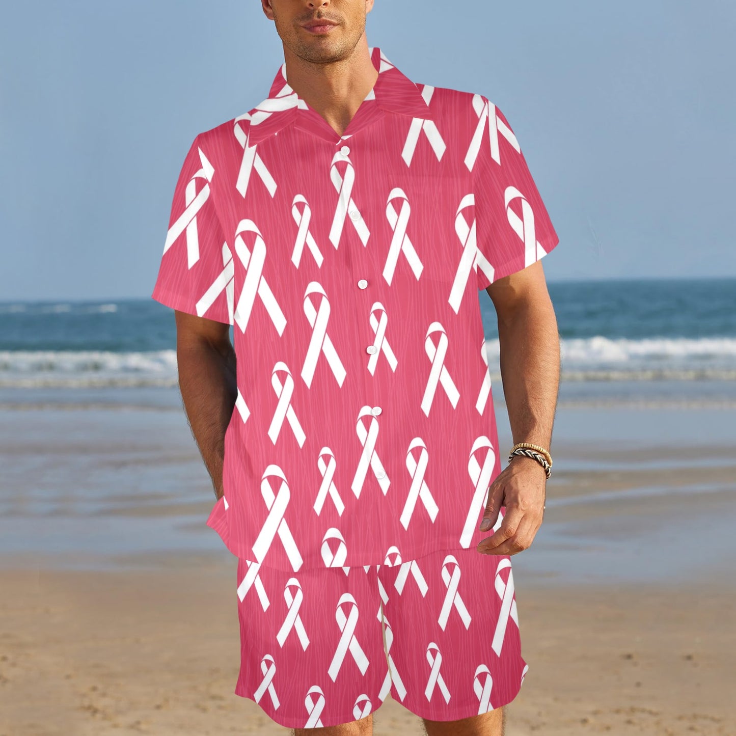 Breast Cancer Awareness Symbol Men's Beach Shirt and Shorts Set