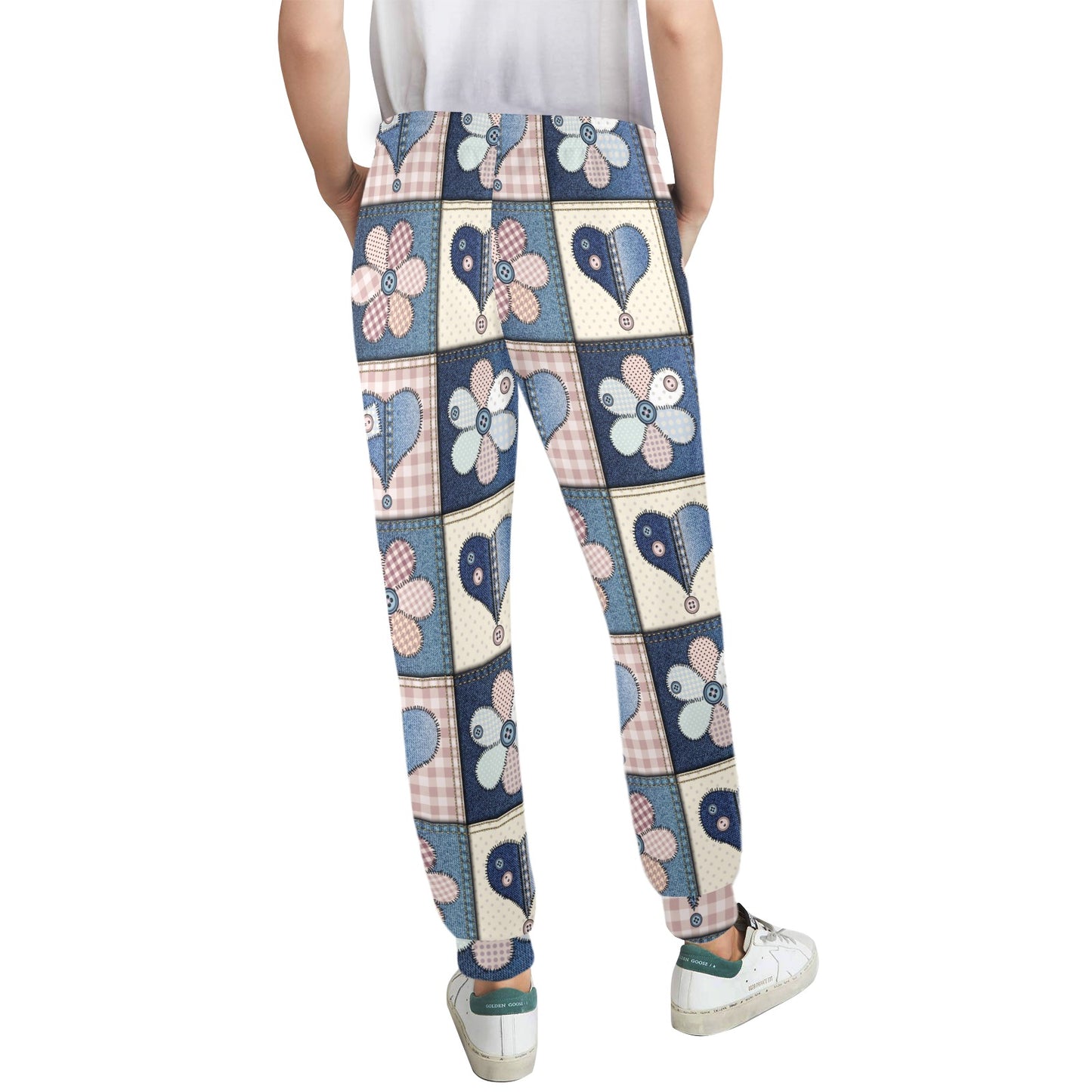 Patchwork Heart Flower Pattern Print Design 01 Women's Casual Track Pants