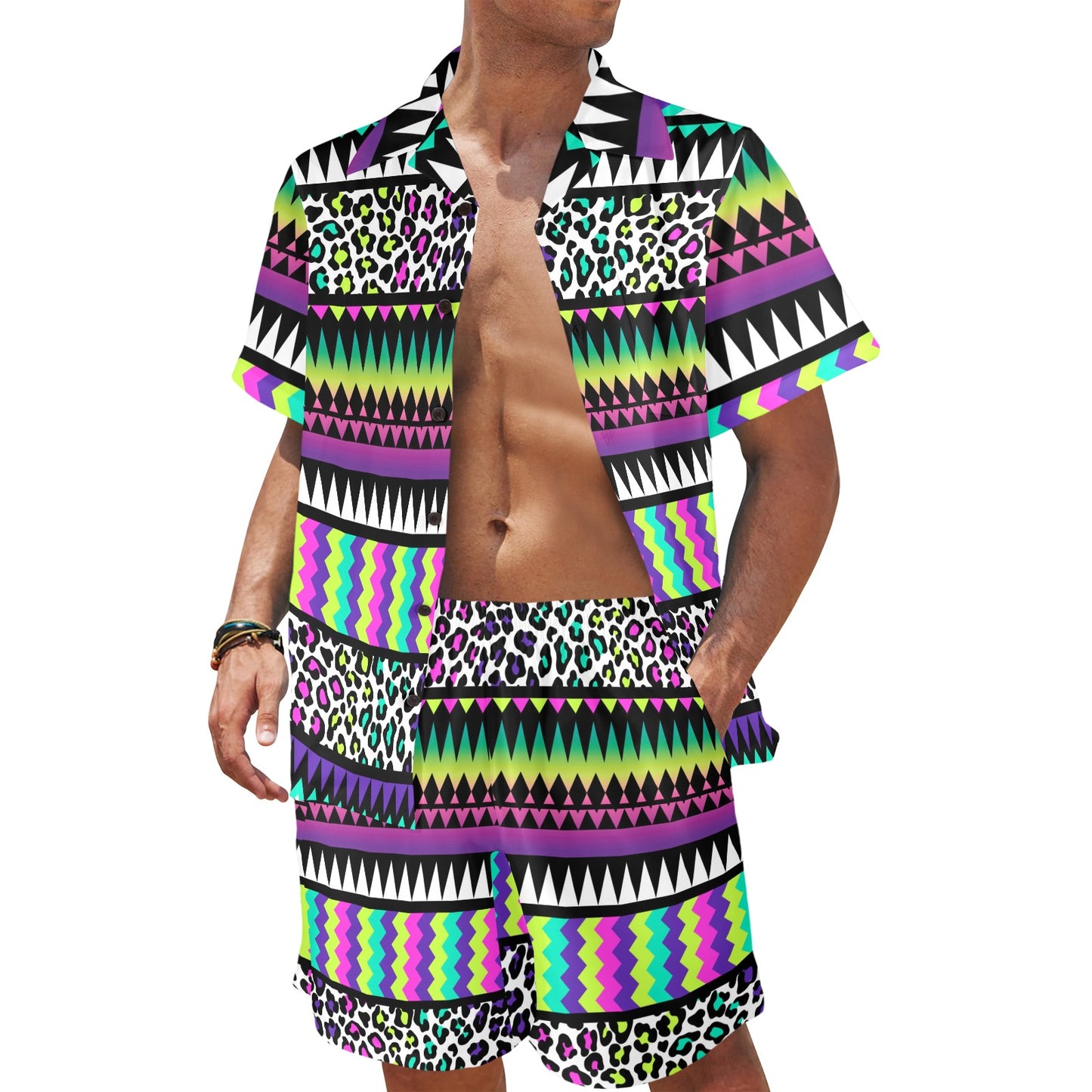 Animal Skin Aztec Rainbow Men's Beach Shirt and Shorts Set