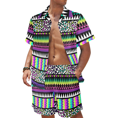 Animal Skin Aztec Rainbow Men's Beach Shirt and Shorts Set