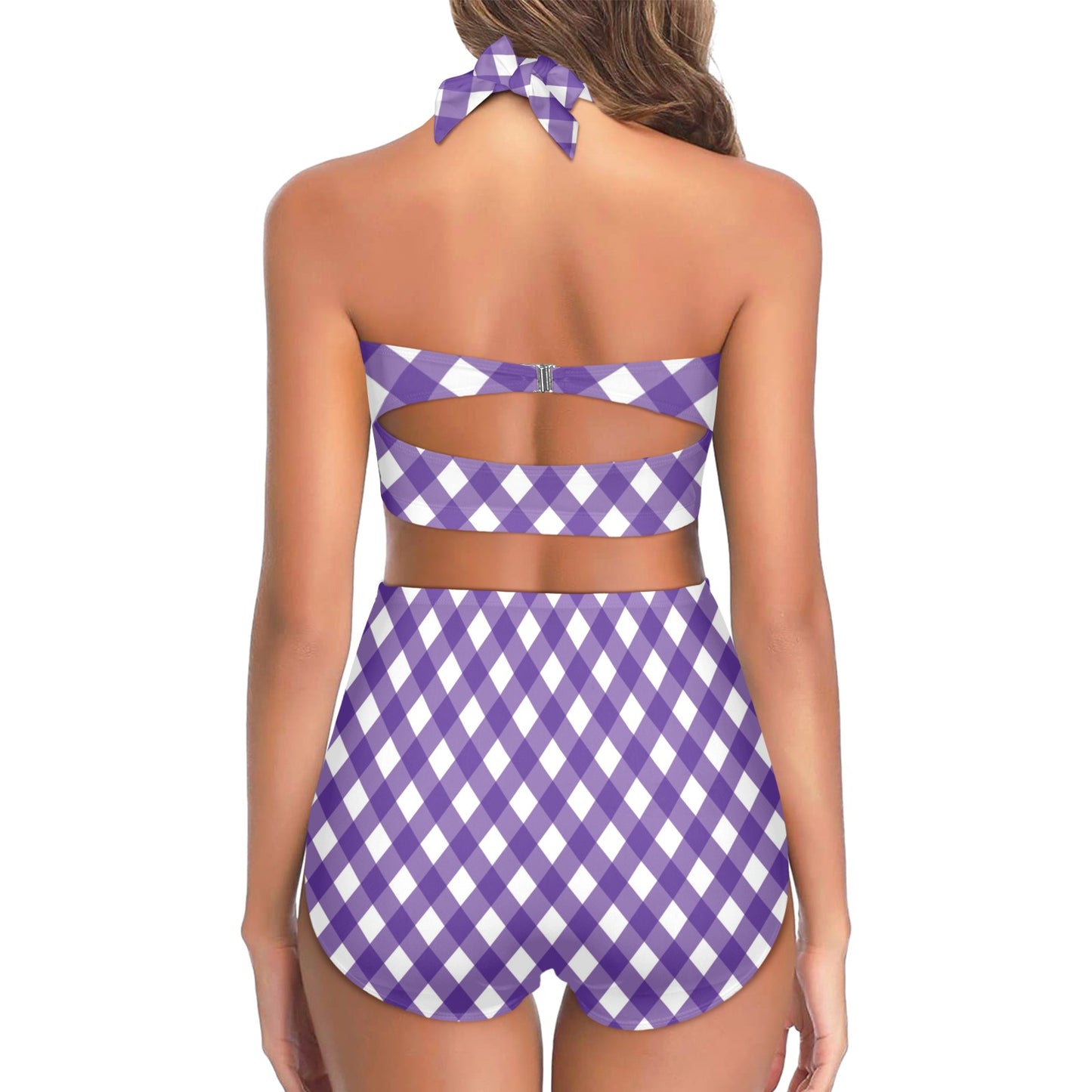 Gingham Purple Pattern Print Design 03 Halter Neck Bikini Swimsuit