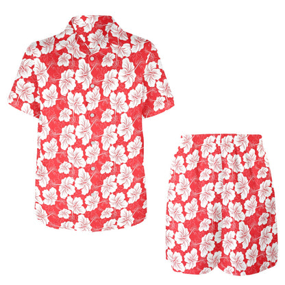 Flower Hawaiian Hibiscus Red Background Print Men's Beach Shirt and Shorts Set