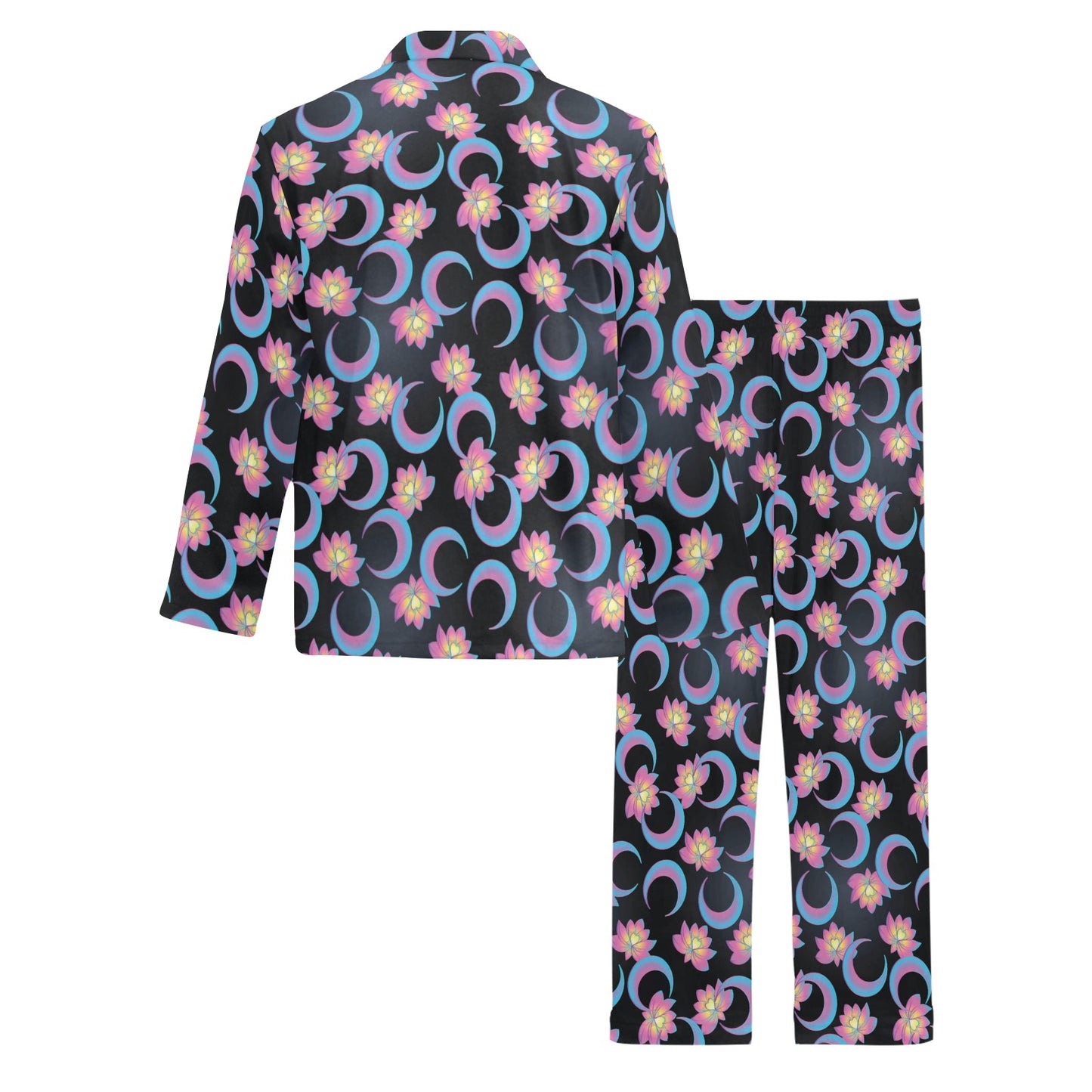 Lotus with Moon Pink Print Themed Men's Long Pajama Set