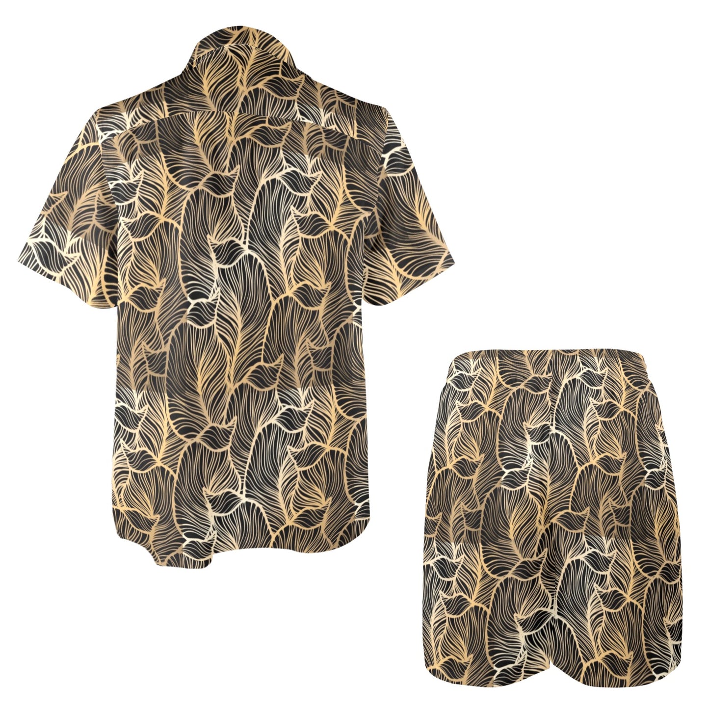 Elegant Gold leaf Print Men's Beach Shirt and Shorts Set