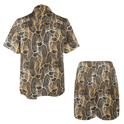 Elegant Gold leaf Print Men's Beach Shirt and Shorts Set