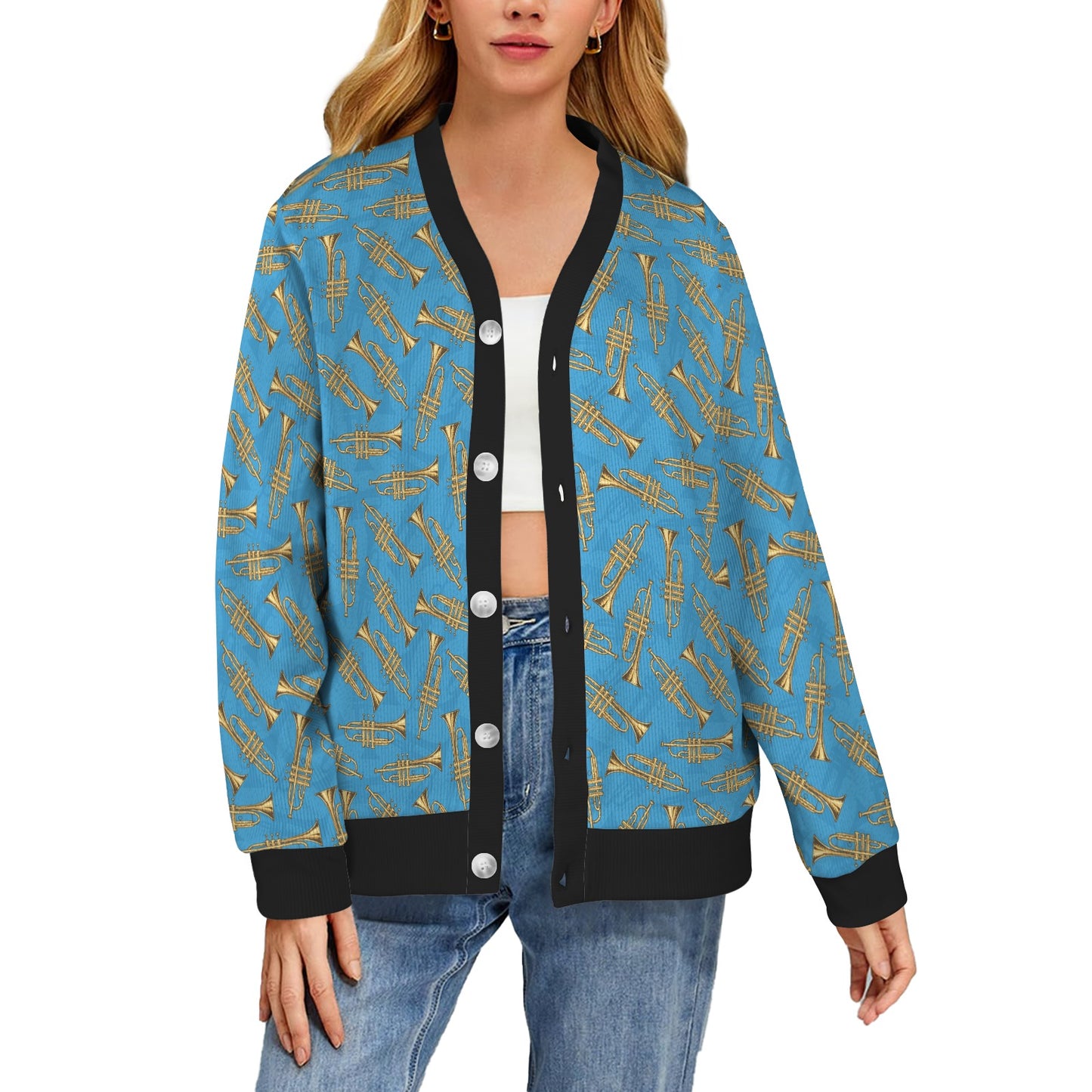 Trumpet Golden Pattern Themed Print Women's Cardigan