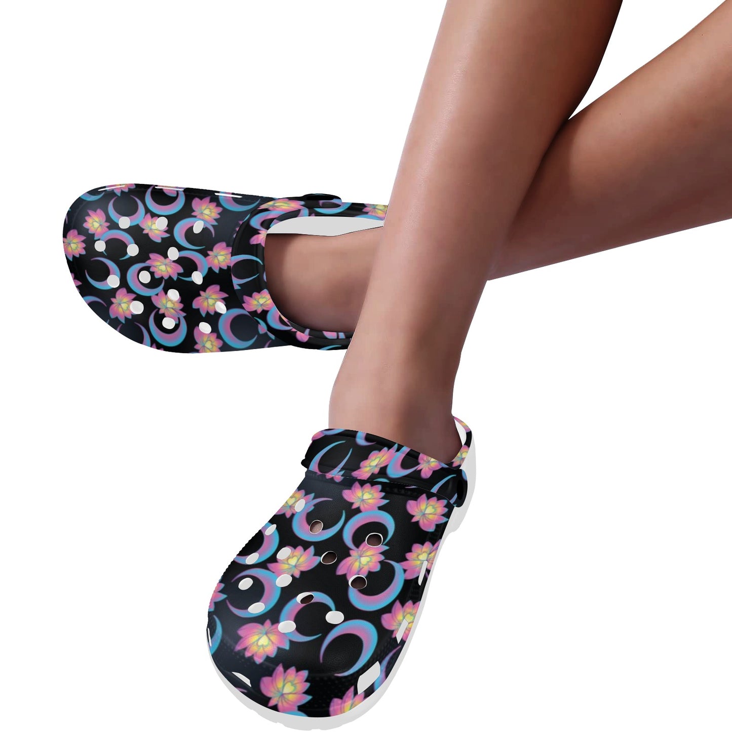 Lotus with Moon Pink Print Themed Unisex Clogs Shoes