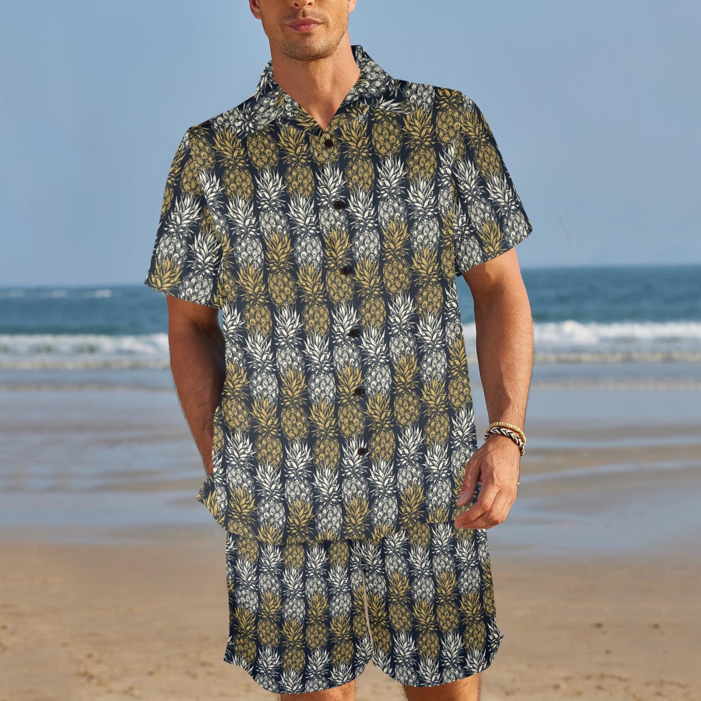 Pineapple Print Design Pattern Men's Beach Shirt and Shorts Set