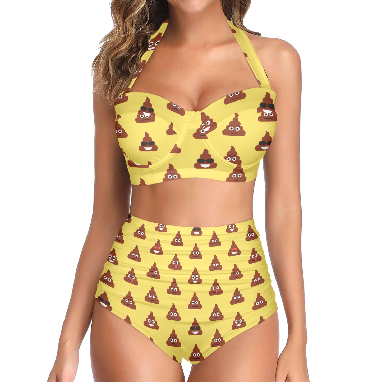 Emoji Poop Print Pattern Halter Neck Bikini Swimsuit