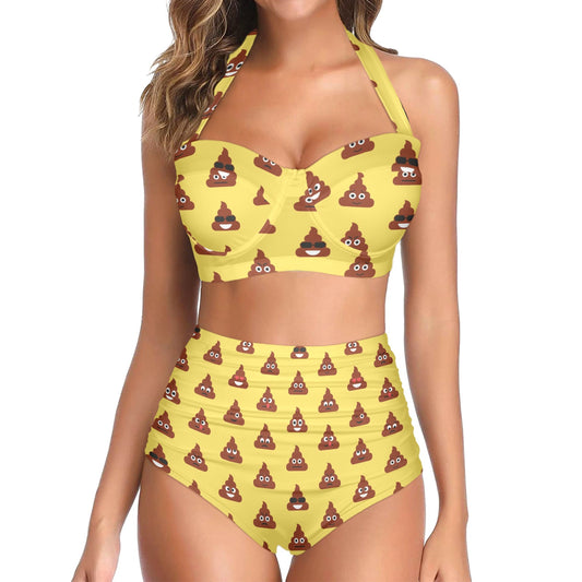 Emoji Poop Print Pattern Halter Neck Bikini Swimsuit