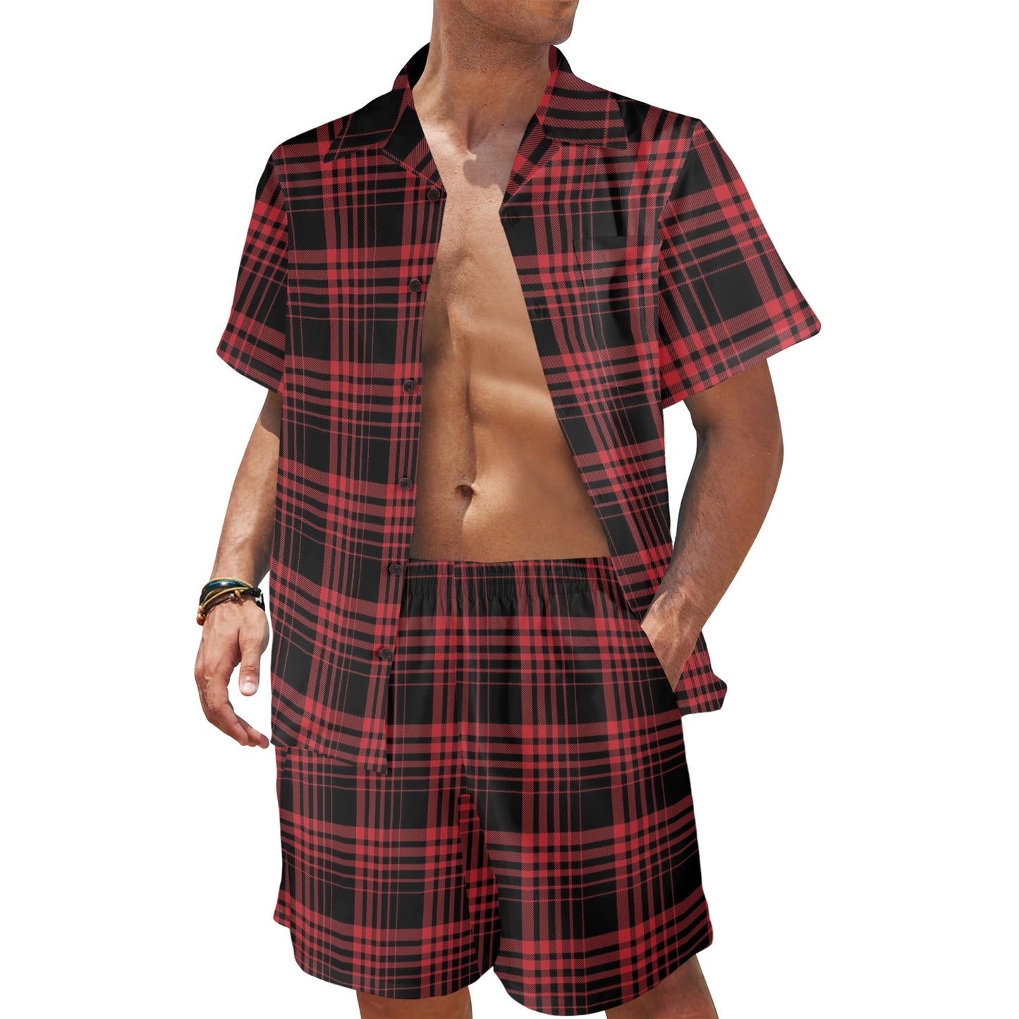Tartan Red Black Print Design LKS303 Men's Beach Shirt and Shorts Set