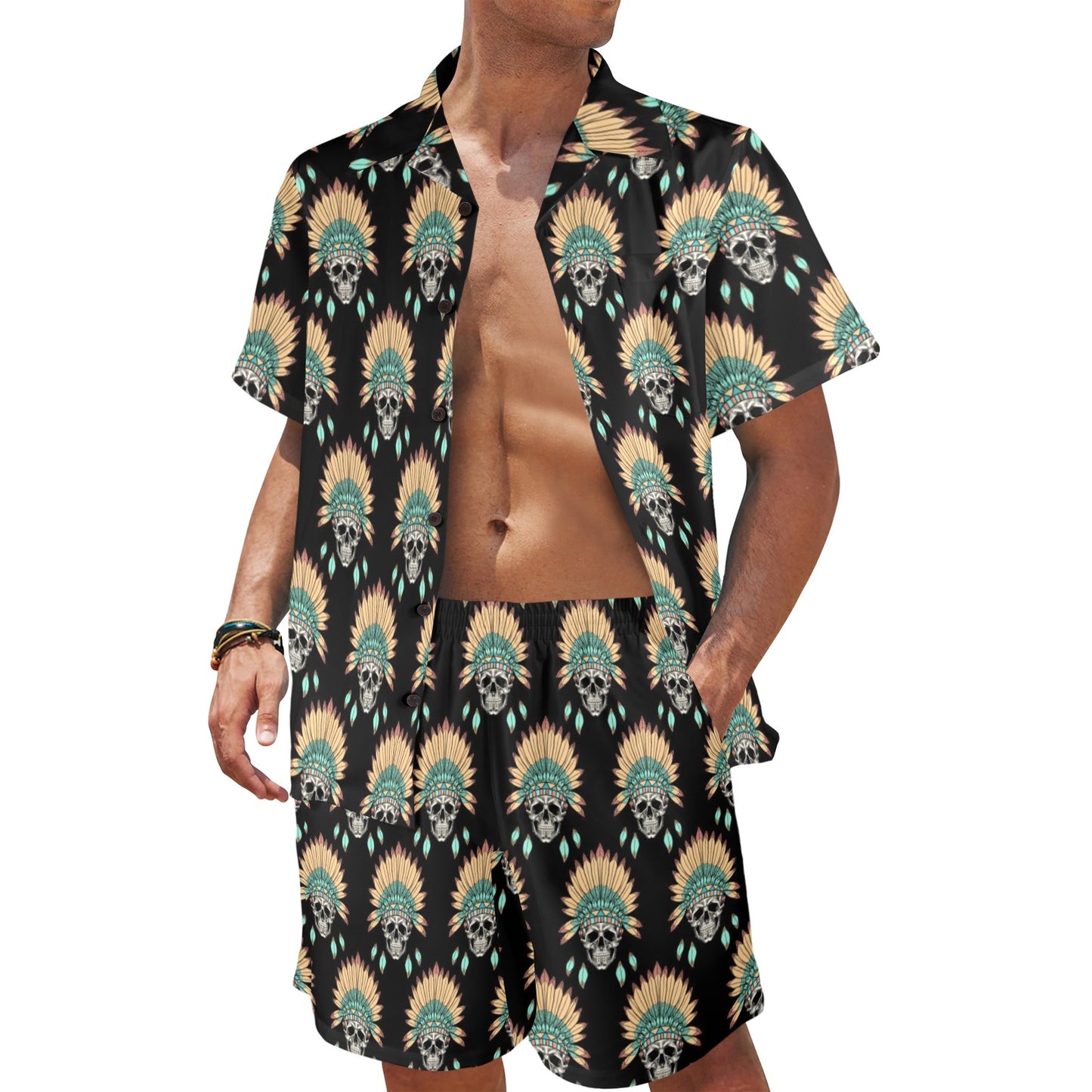 American indian Skull Pattern Men's Beach Shirt and Shorts Set