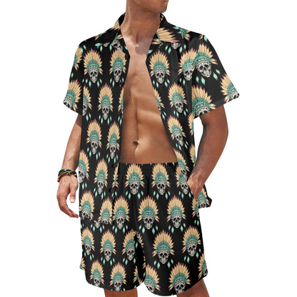 American indian Skull Pattern Men's Beach Shirt and Shorts Set