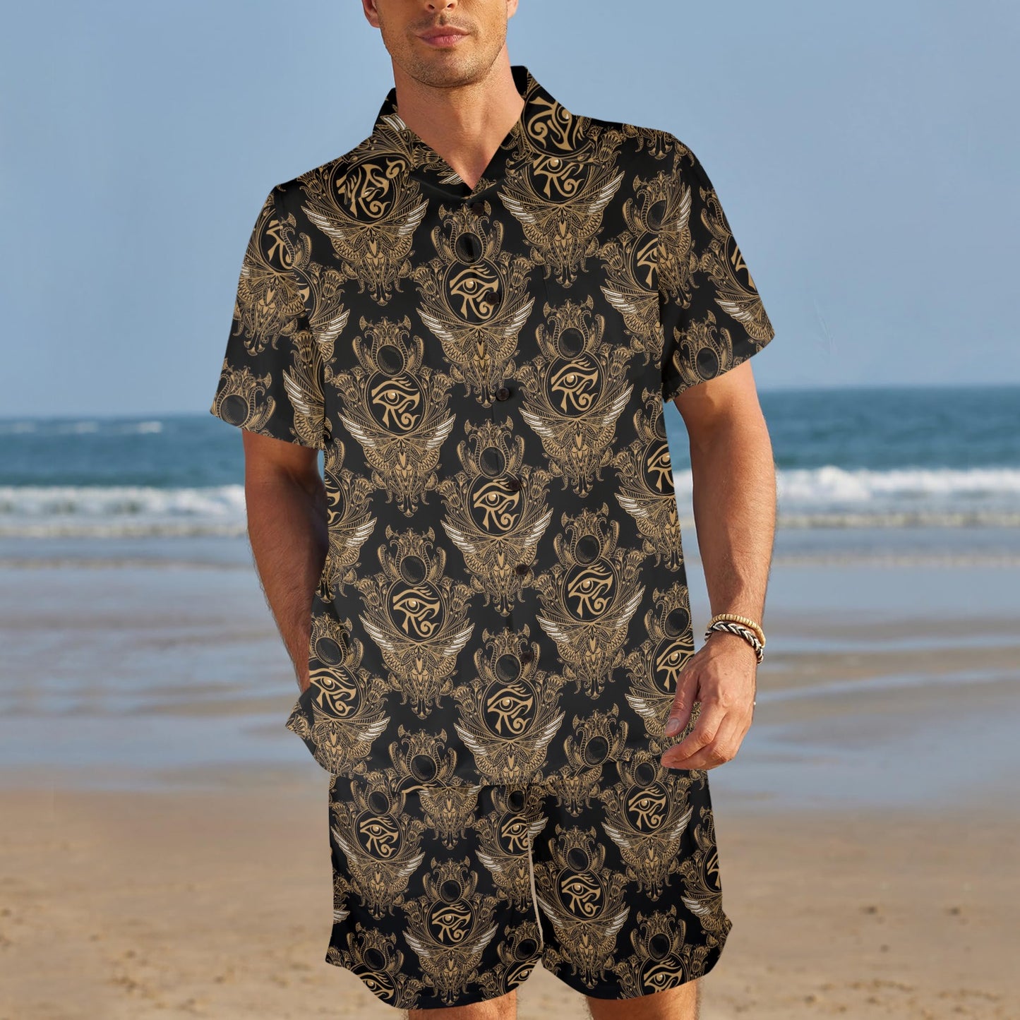 Eye of Horus Mandala Style Men's Beach Shirt and Shorts Set