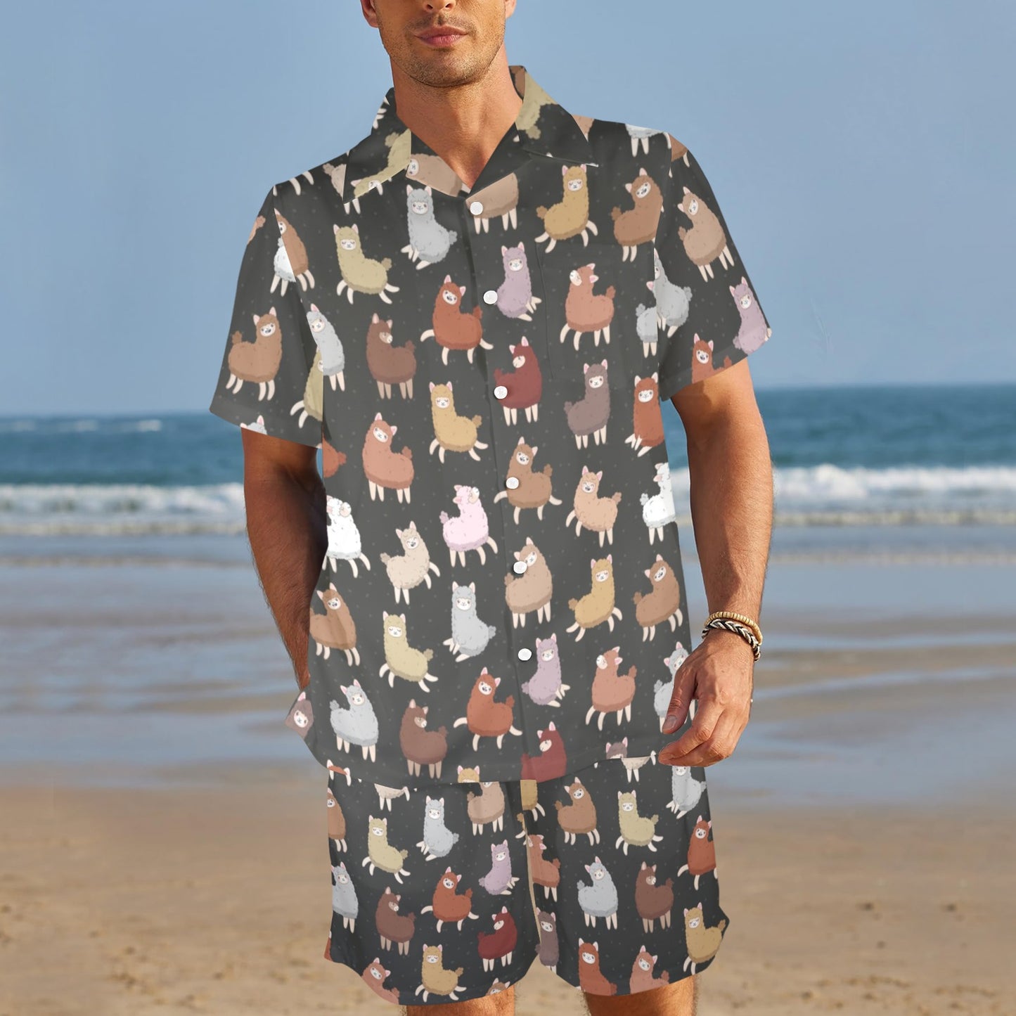 Alpaca Cute Design Themed Print Men's Beach Shirt and Shorts Set