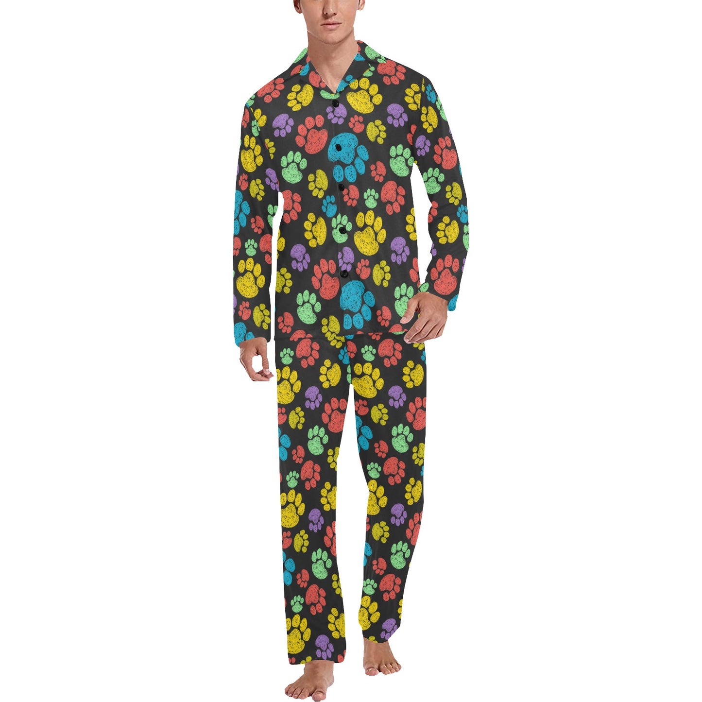 Paw Colorful Print Men's Long Pajama Set