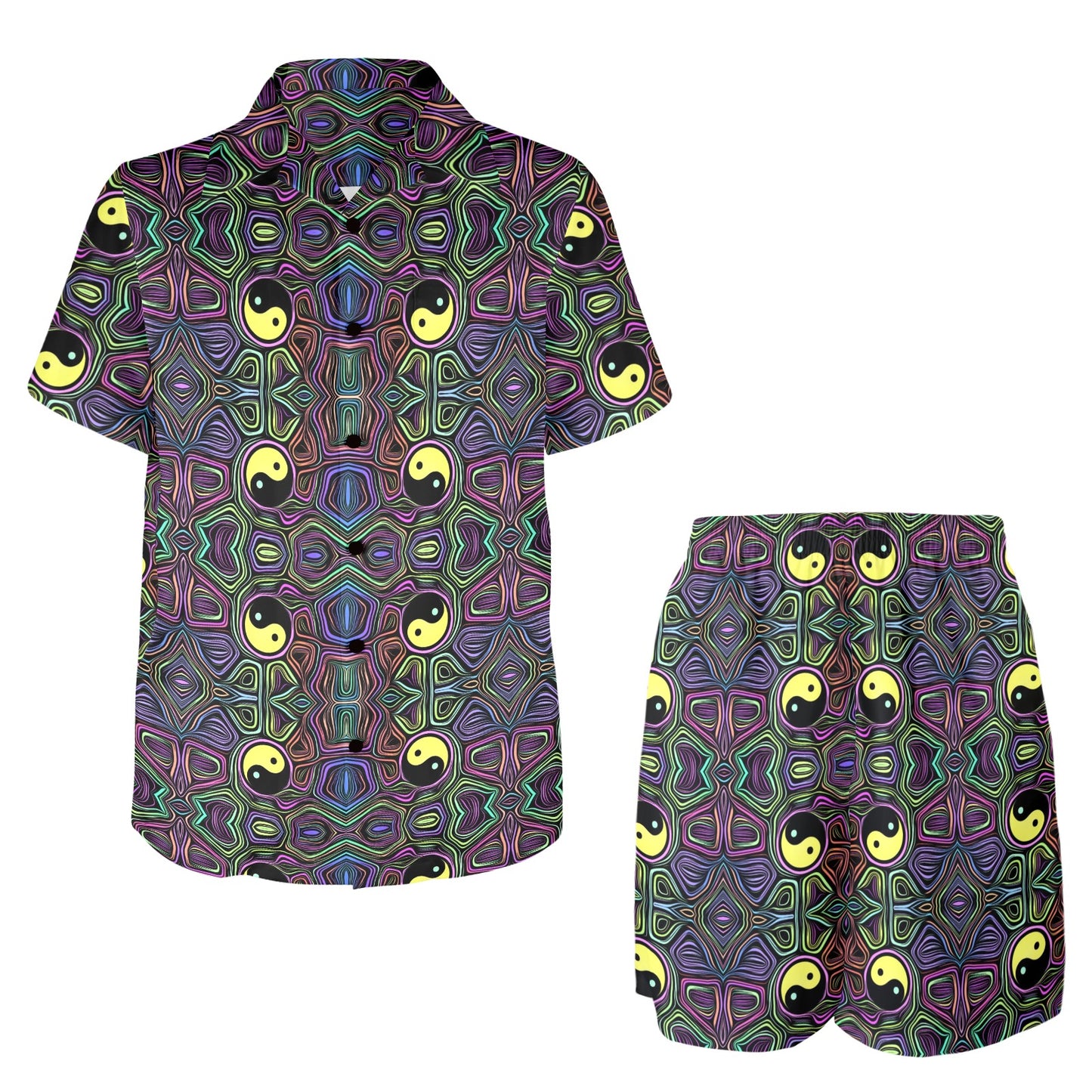 Yin Yang Neon Color Design Print Men's Beach Shirt and Shorts Set