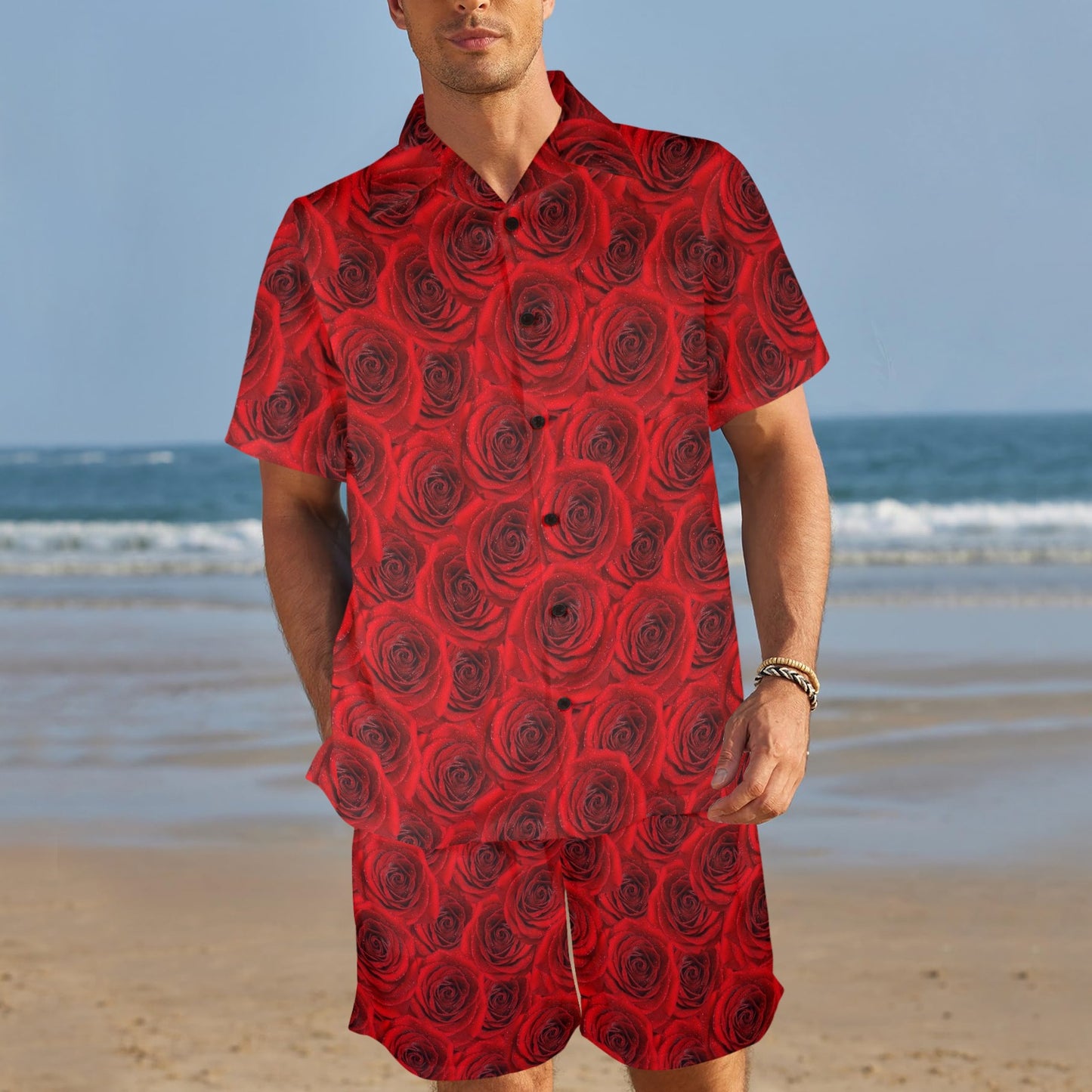 Rose Red Pattern Print Design RO04 Men's Beach Shirt and Shorts Set