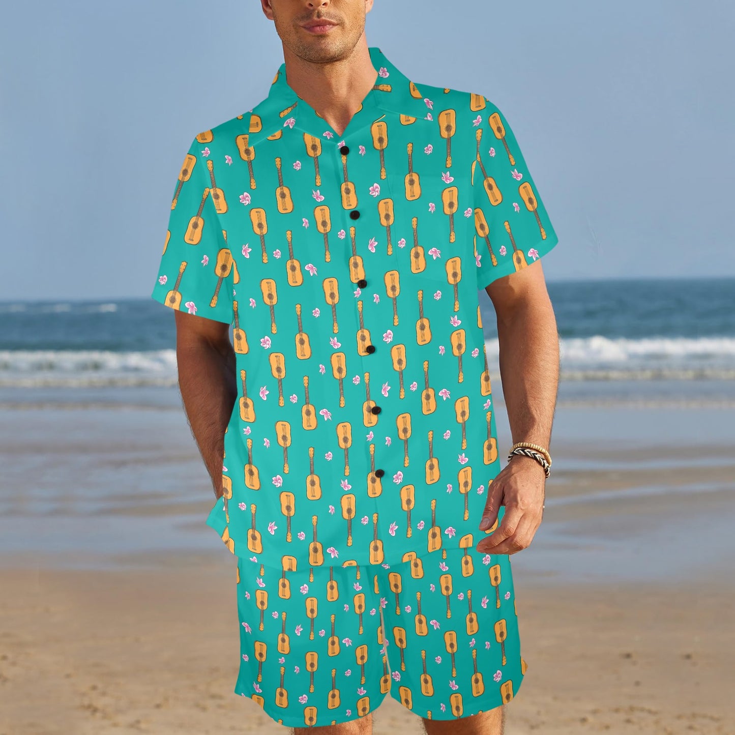 Ukulele Print Design LKS403 Men's Beach Shirt and Shorts Set