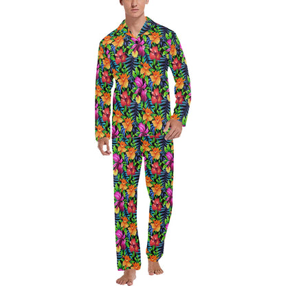 Tropical Folower Colorful Print Men's Long Pajama Set